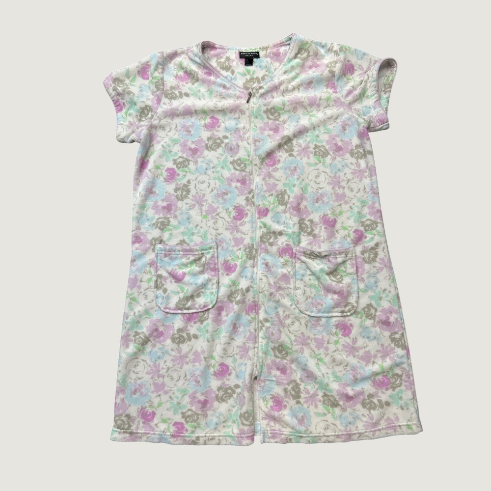 Miss Elaine Robe Housecoat L Pastel Floral Zip Front Short Sleeve Pockets